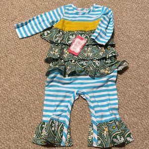Ricrac & Ruffles romper “Nordic Ice”, NWT, size 6/9 months, blue and green